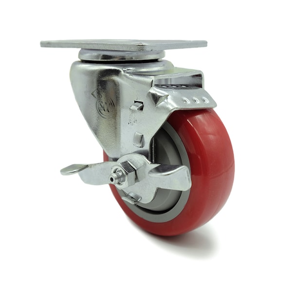 3.5 Inch Red Polyurethane Wheel Swivel Top Plate Caster with Brake SCC